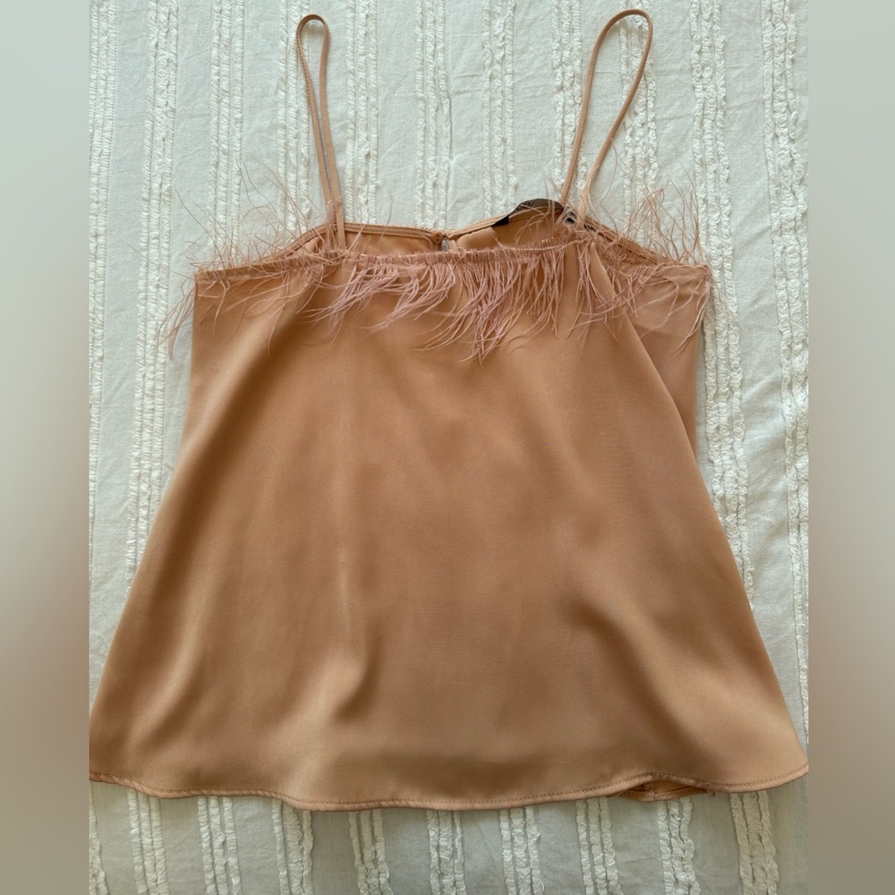 Zara nude colored satin blouse with feather detail! Adult Size XS, brand new!
